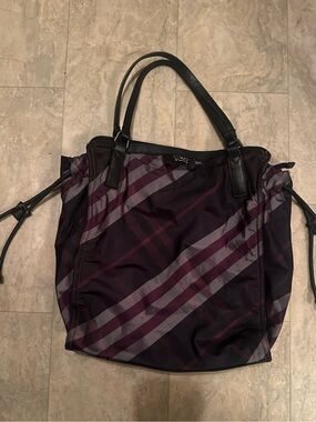 Burberry Purple Plaid Nylon Tote with Black Leather Handles